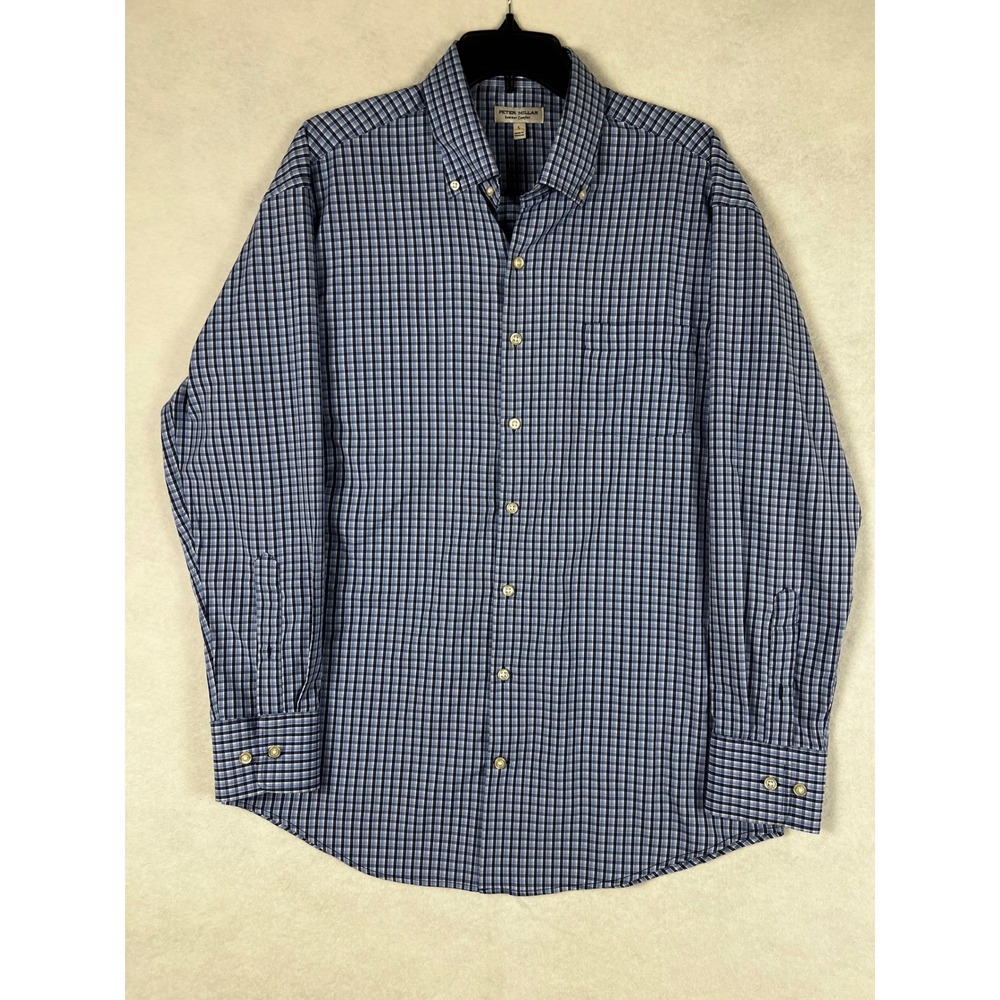 Peter Millar Summer Comfort Mens Blue Check Button Down Shirt Large Long Sleeve